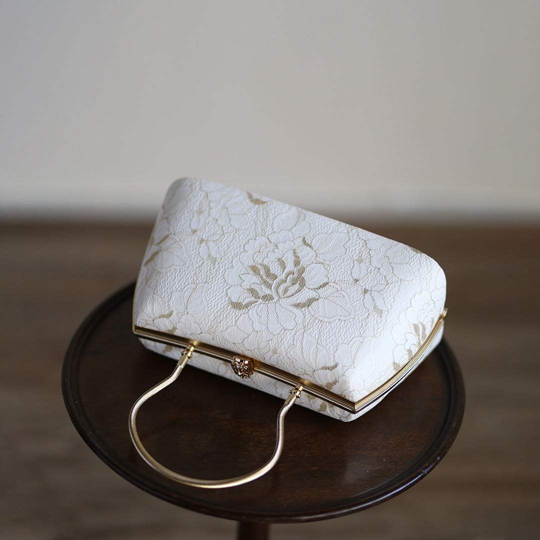 Izumo | Handmade Handbag with Nishijin-ori made of white gold lace (Made to order)