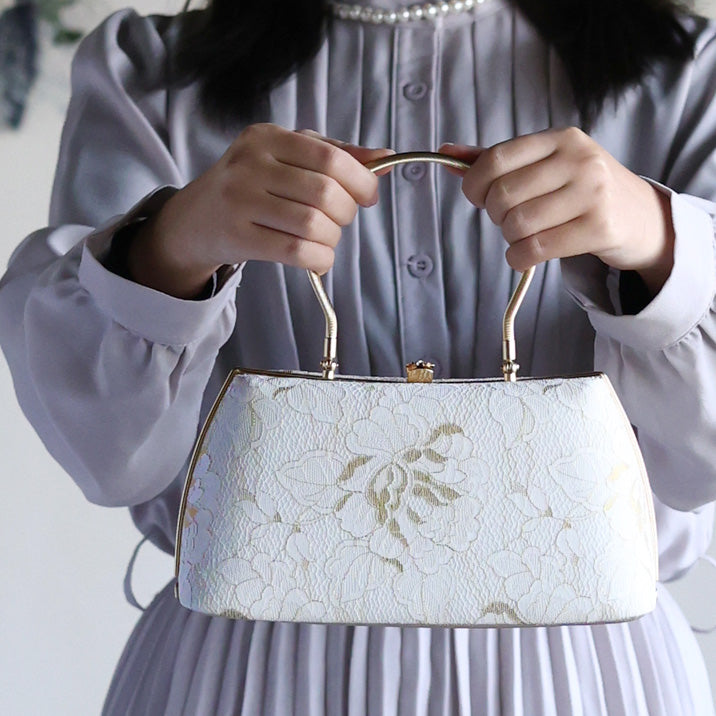 Izumo | Handmade Handbag with Nishijin-ori made of white gold lace (Made to order)
