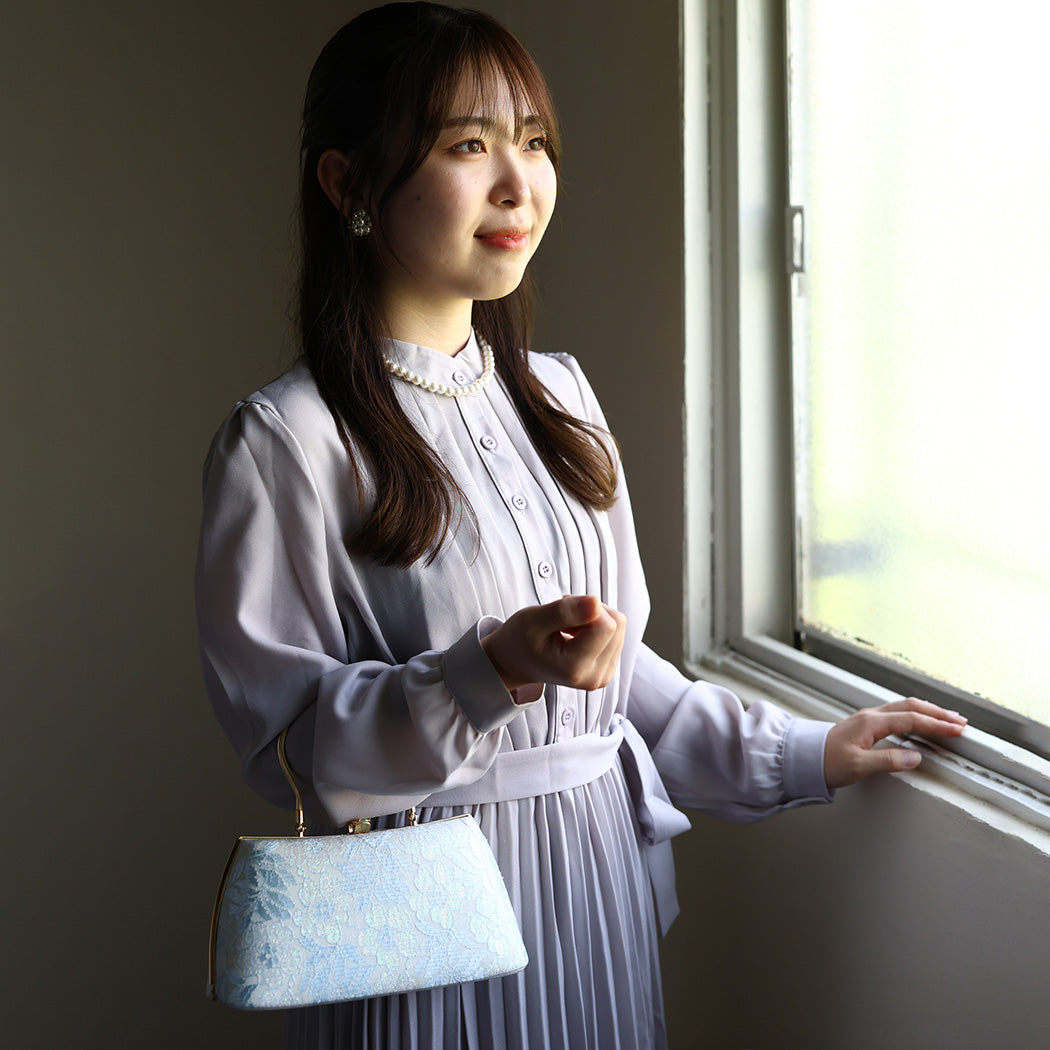Izumo | Handmade Handbag with Nishijin-ori made of Light blue lace (Made to order)