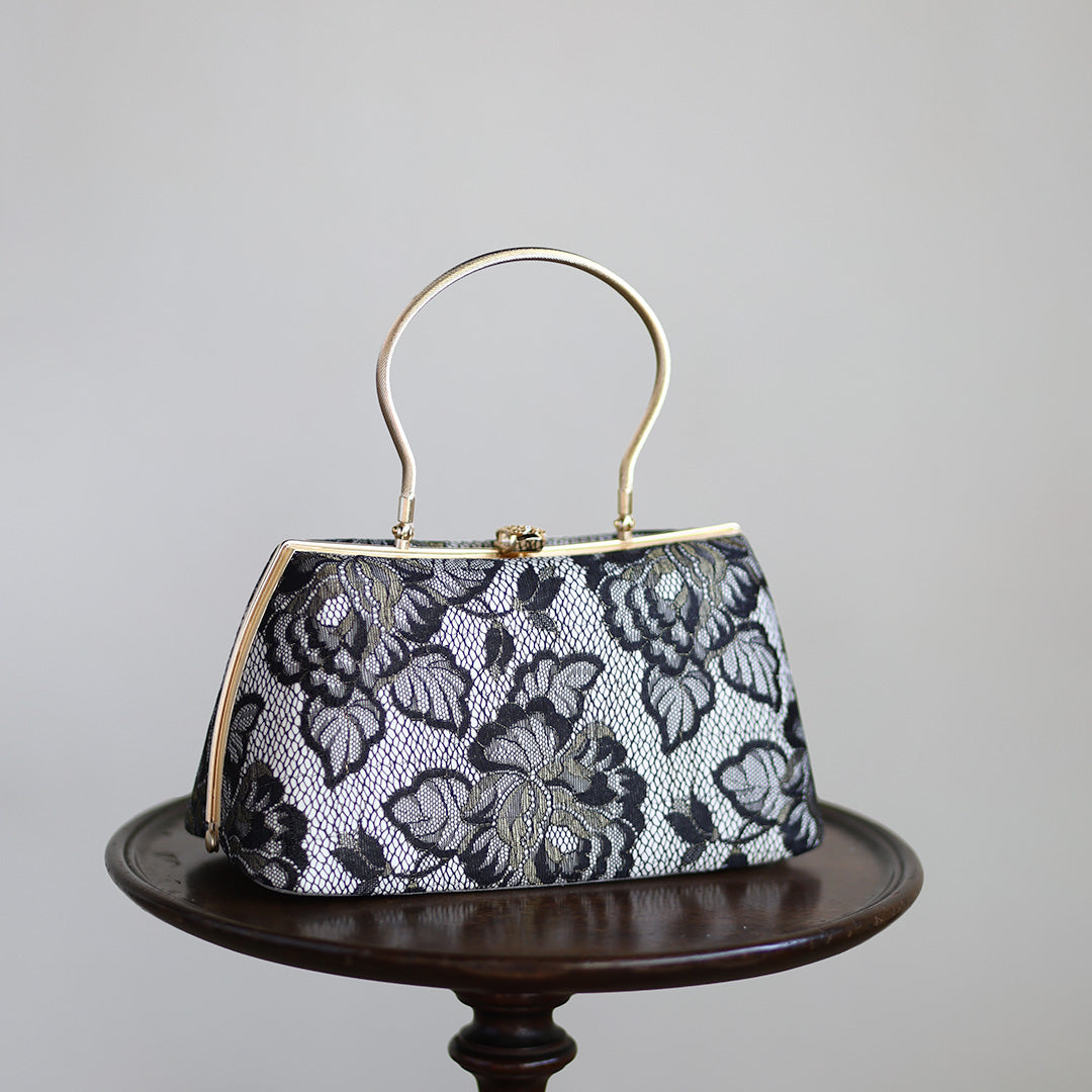 Izumo | Handmade Handbag with Nishijin-ori made of Black gold lace (Made to order)
