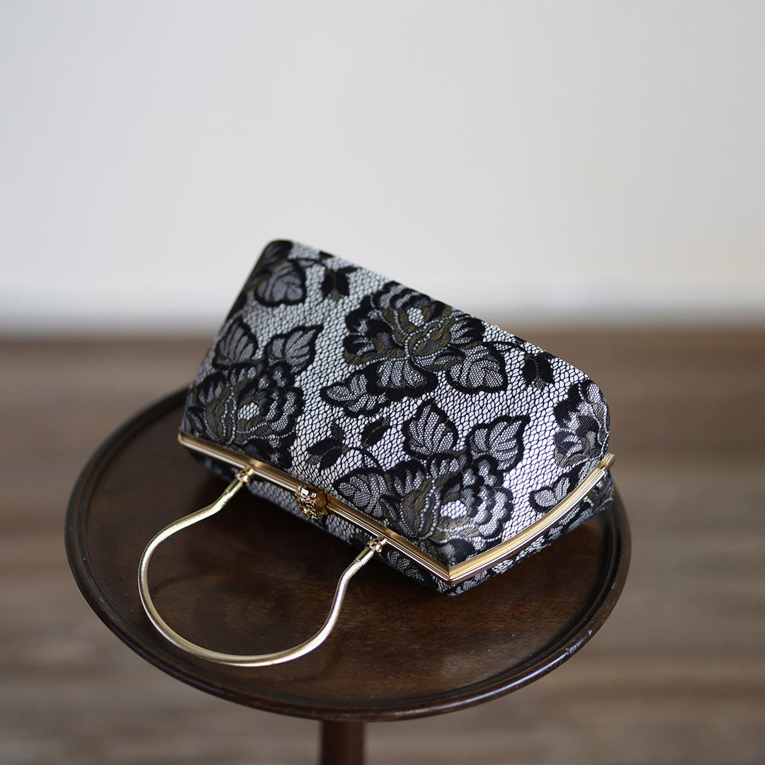 Izumo | Handmade Handbag with Nishijin-ori made of Black gold lace (Made to order)